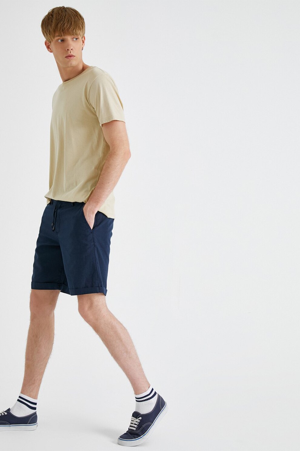 KOTON, Pantaloni scurti chino din amestec de in, Bleumarin