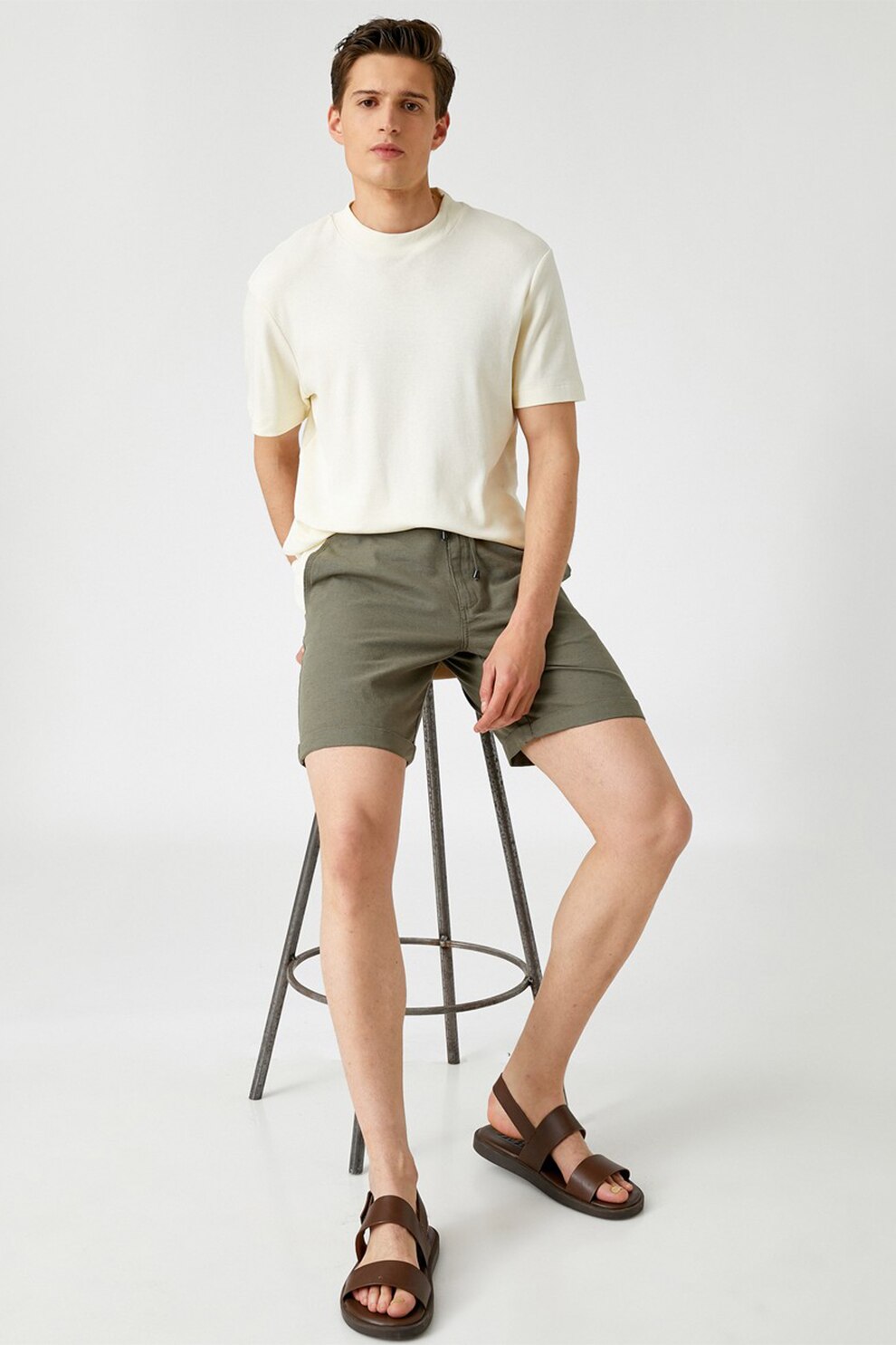 KOTON, Pantaloni scurti chino din amestec de in, Verde sparanghel