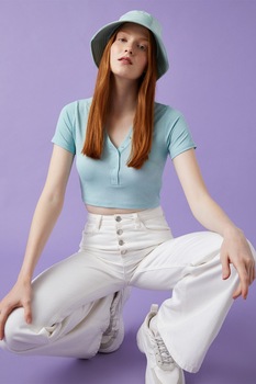 KOTON, Tricou crop cu striatii, Albastru aquamarin KOTON, Tricou crop cu striatii, Albastru aquamarin