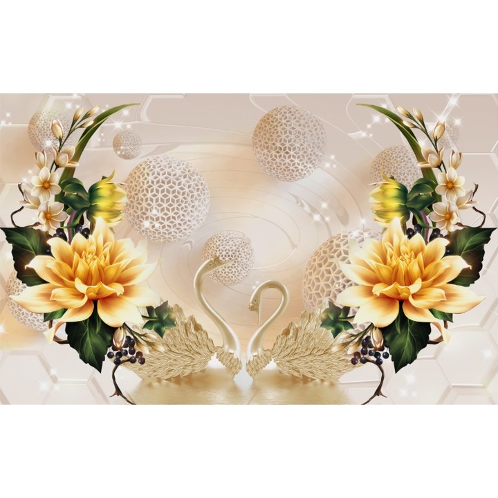 Fototapet 3D lebede flori perlat, Premium Canvas 250 x 360 cm