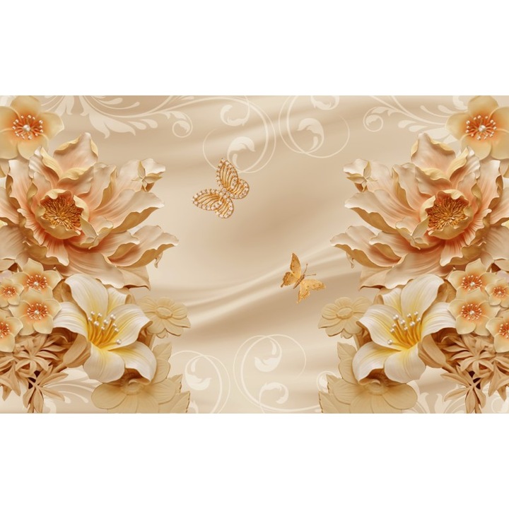 Fototapet 3D flori fluturi crem, Premium Canvas 120 x 180 cm