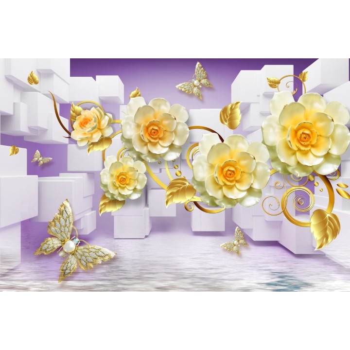 Fototapet 3D flori fluturi auriu, Premium Canvas 250 x 360 cm