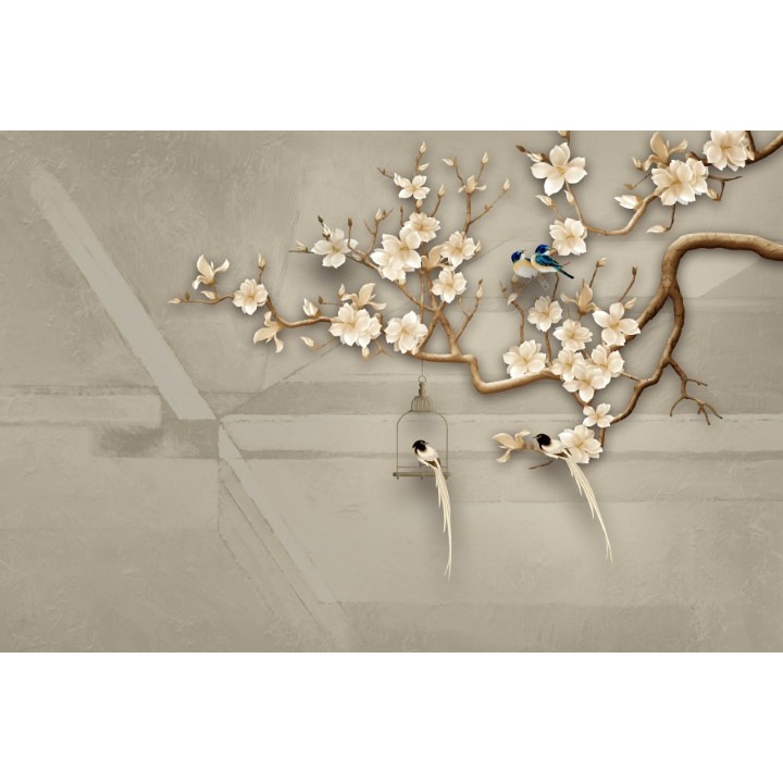 Fototapet 3D flori pasari gri maro, Premium Canvas 250 x 360 cm