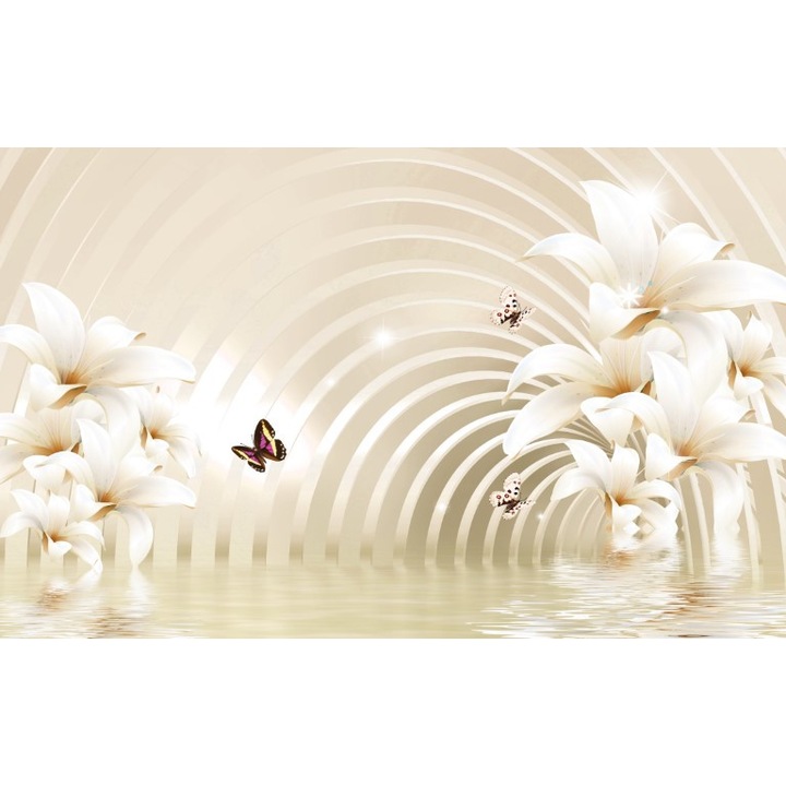 Fototapet 3D flori fluturi apa, Premium Canvas 120 x 180 cm