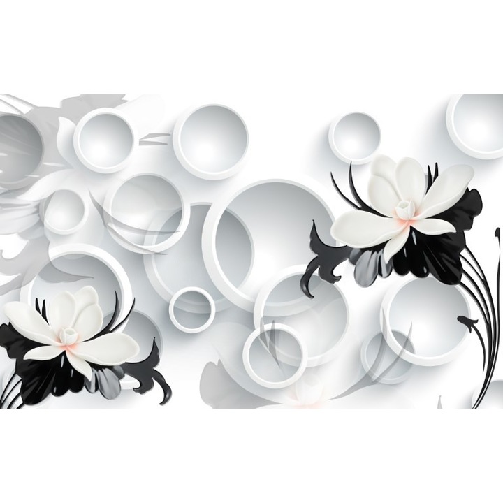 Fototapet 3D flori si cercuri albe, Premium Canvas 250 x 360 cm