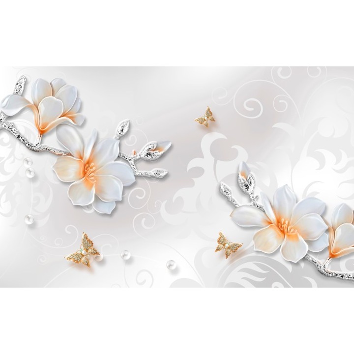 Fototapet 3D flori argintiu alb, Premium Canvas 250 x 360 cm