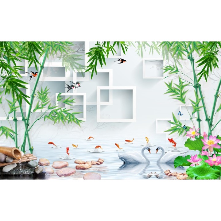 Fototapet 3D modern pasari pesti lebede, Autocolant PVC 200 x 300 cm