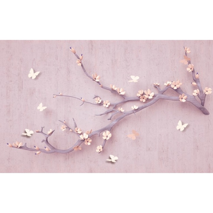 Fototapet 3D crengura cires fluturi roz, Premium Canvas 250 x 360 cm