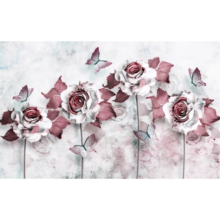Fototapet 3D trandafiri alb visiniu, Premium Canvas 250 x 360 cm
