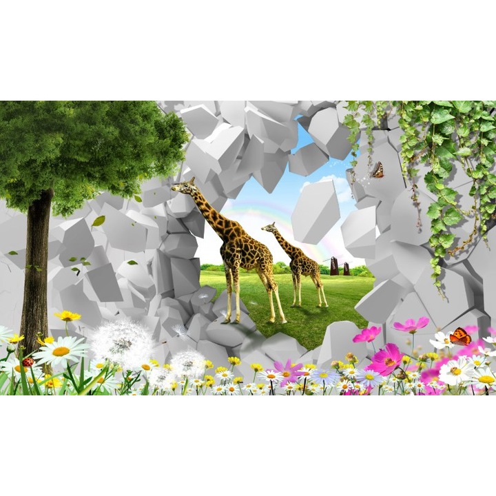 Fototapet 3D girafe zid peisaj, Premium Canvas 250 x 360 cm