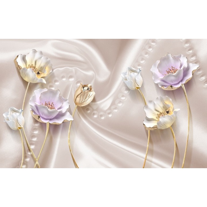Fototapet 3D flori matase auriu, Premium Canvas 250 x 360 cm