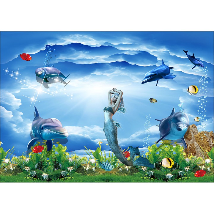 Fototapet copii Sirena si Delfinii, premium, multicolor, 200 x 300 cm