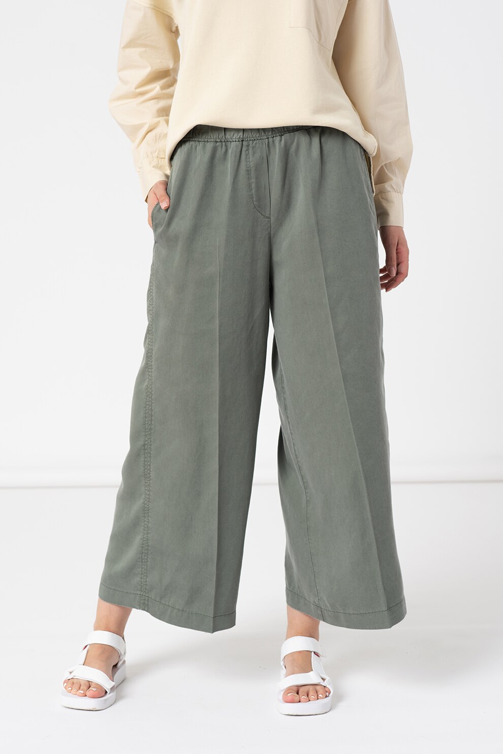 Marc O'Polo, Pantaloni crop cu talie elastica si croiala ampla, Verde sparanghel