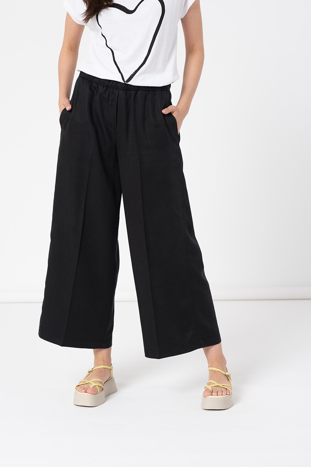 Marc O'Polo, Pantaloni crop cu talie elastica si croiala ampla, Negru