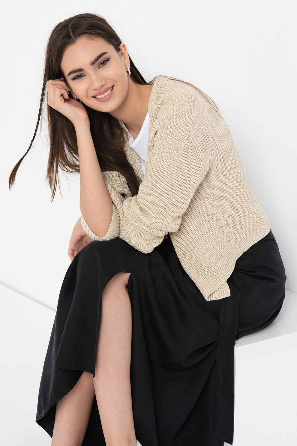 Marc O'Polo, Cardigan de bumbac, fara inchidere, Bej