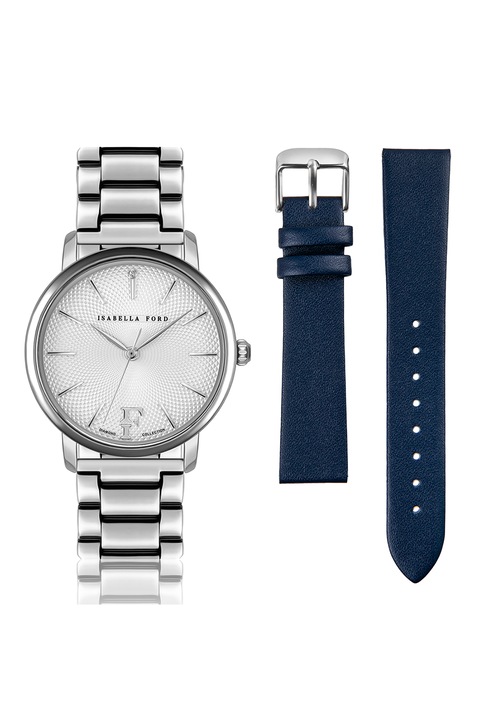 Isabella Ford, Set de ceas quartz si curea intersanjabila din piele, Argintiu/Bleumarin