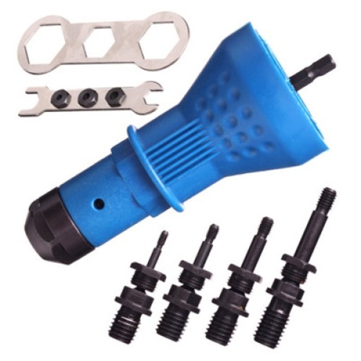 Szegecsanya adapter készlet fúrógéphez vagy akkumulátoros csavarozóhoz, M3, M4, M5, M6 méretek, professzionális szerszám