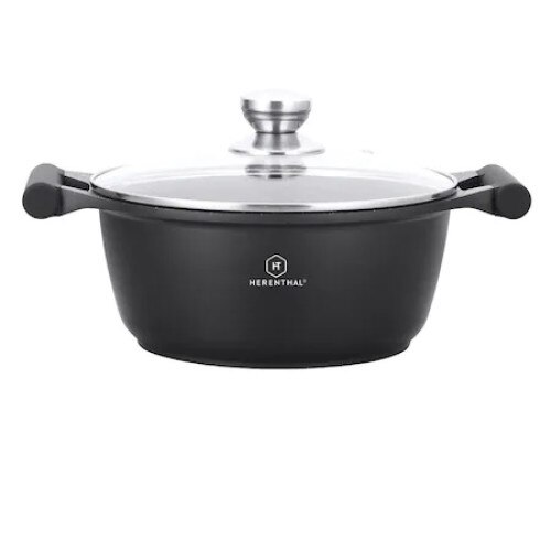 Cratita Aluminiu cu interior Marmorat,capac sticla,34cm, 9.9 Litri