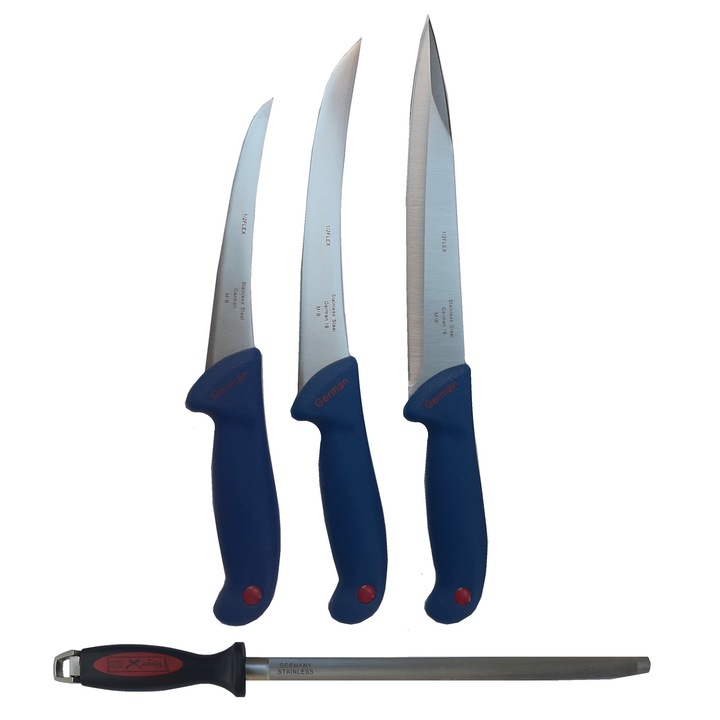 Set Profesional macelarie format din Cutite transat, filetat, inunghiat, otel inoxidabil si Masat oval magnetizat 30 cm