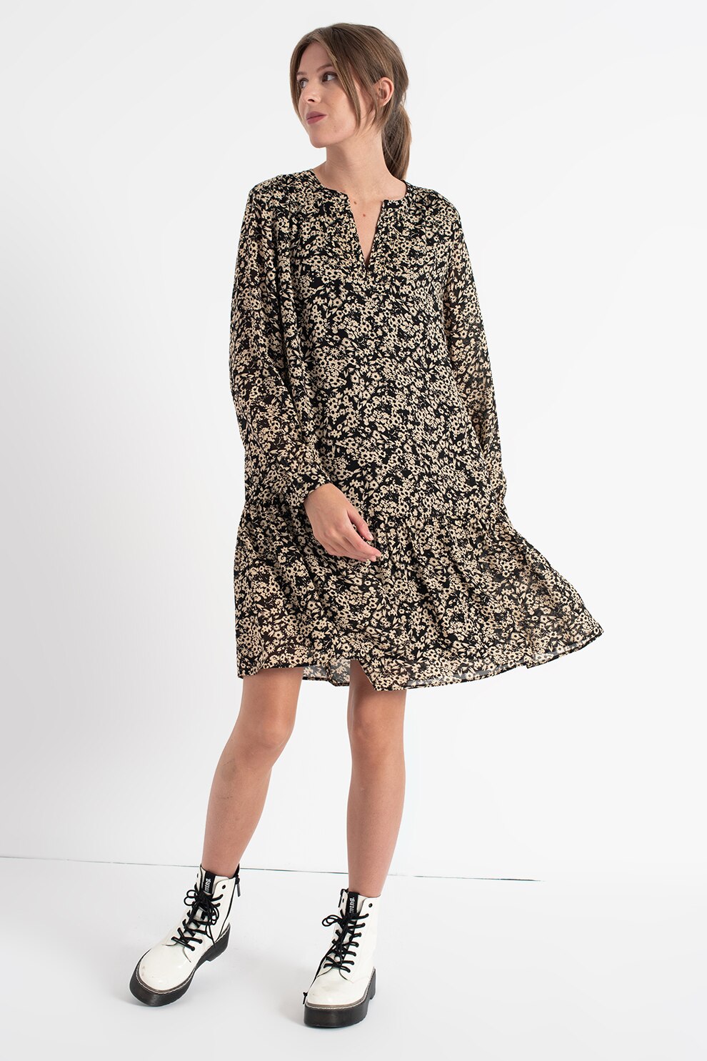 Marc O'Polo, Rochie evazata cu imprimeu floral, Negru/Maro nisip
