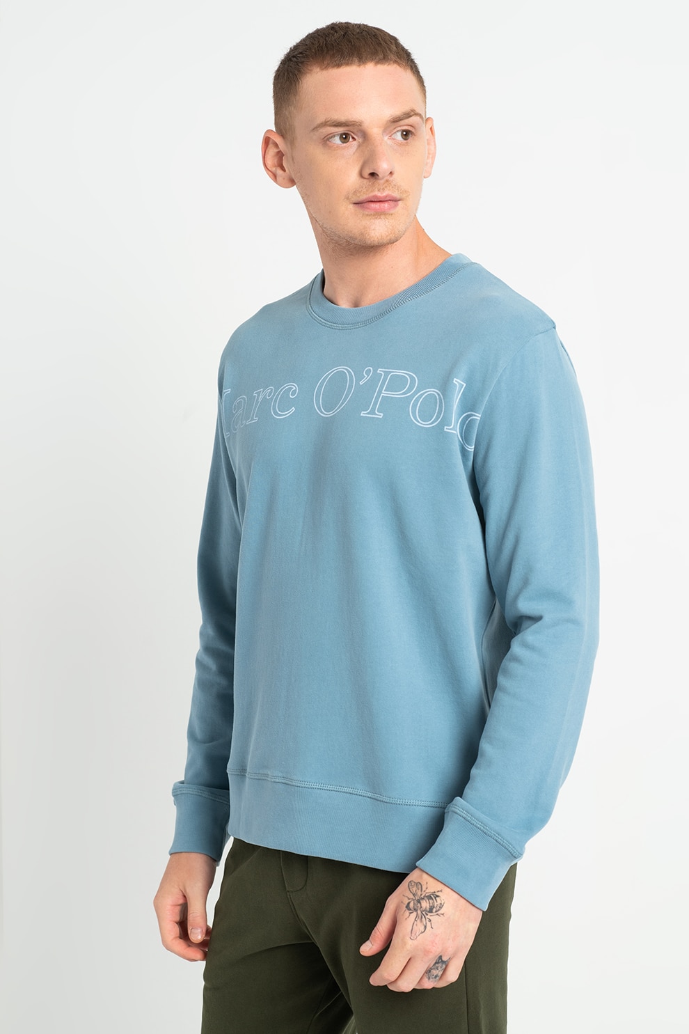 Marc O'Polo, Bluza sport cu decolteu la baza gatului si imprimeu logo, Albastru lavanda