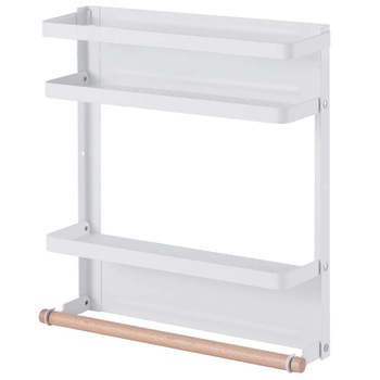 Raft metalic pentru condimente, Quasar & Co., prindere magnetica, 2 polite si suport rola prosop, 29 x 8 x 32 cm, alb Raft metalic pentru condimente, Quasar & Co., prindere magnetica, 2 polite si suport rola prosop, 29 x 8 x 32 cm, alb