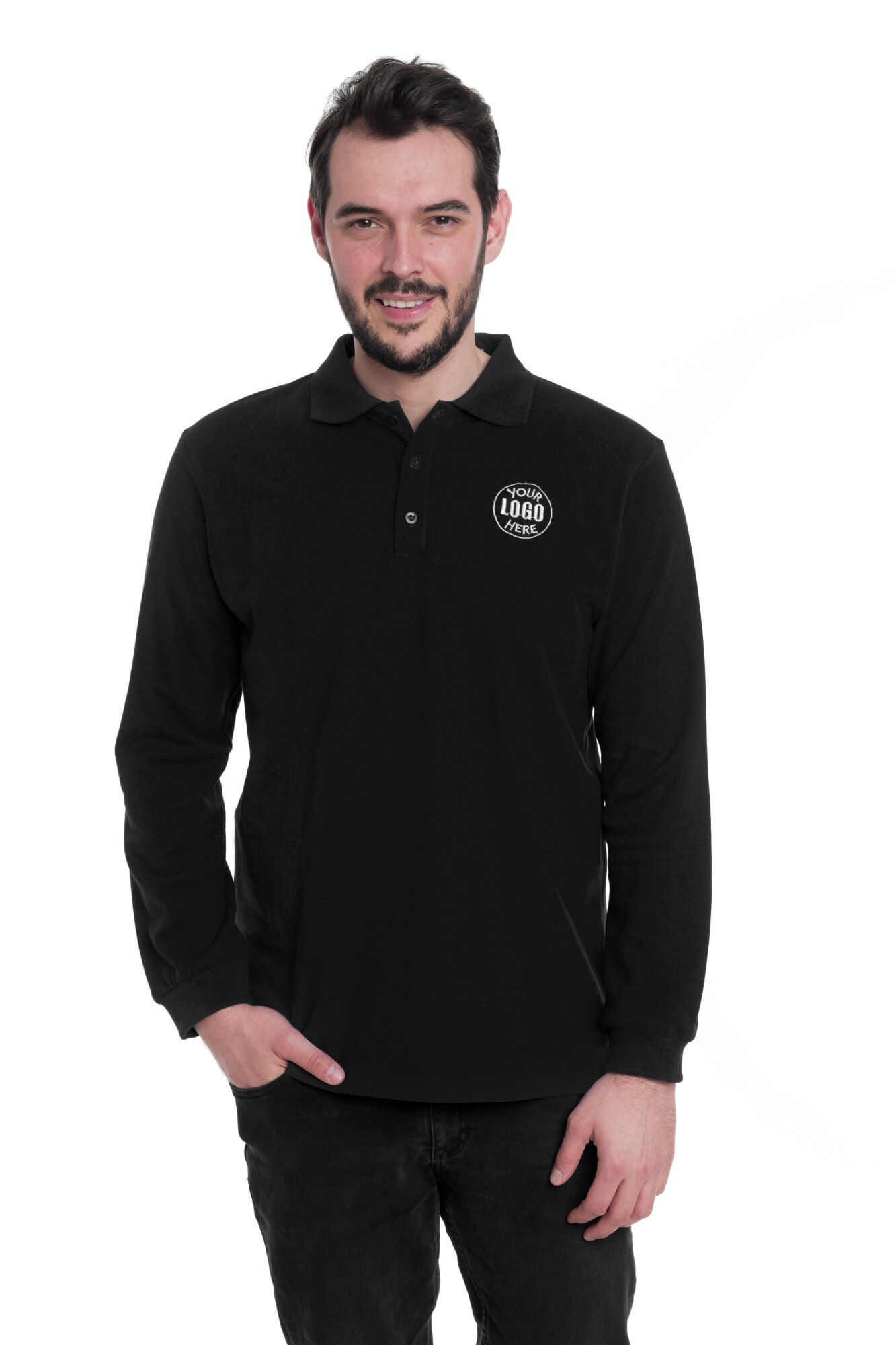 Tricou polo personalizat cu logo firma ta prin broderie, barbatesc, maneca lunga, Dress To Impress, Negru