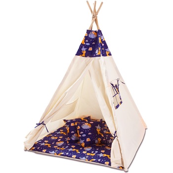 Cort copii stil indian Teepee Tent Kidizi Felix the Fox, include covoras gros si 2 perne