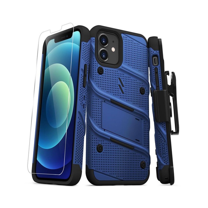 Калъф Zizo Bolt Cover Armored с 9Н стъклен протектор за iPhone 12 / iPhone 12 Pro, Blue Black