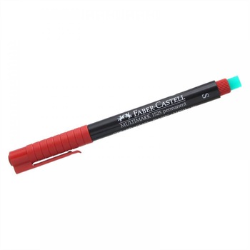 Marker Rosu Permanent cu Radiera Faber-Castell Multimark, Varf S Marker Rosu Permanent cu Radiera Faber-Castell Multimark, Varf S
