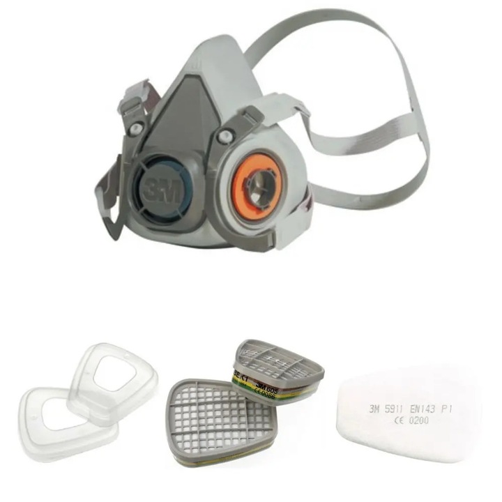 Set masca 3M 6200 cu filtre 6059 A1B1E1K1, prefiltre 5911 P1 si capace 501 – protectie avansata gaz + particule