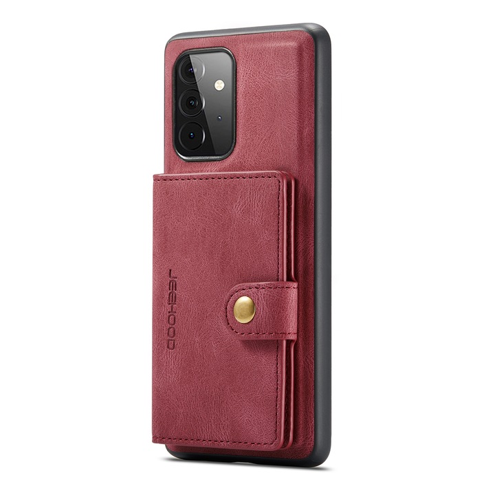 Husa pentru Samsung Galaxy A72, CaseMe, piele cu textura moale, back cover, mini portofel detasabil, stand, suport carduri, bani, Rosu