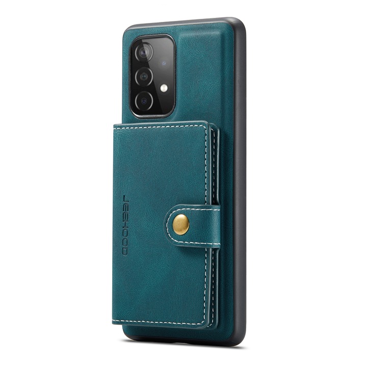 Калъф за Samsung Galaxy A52 4G, A52 5G, A52s, CaseMe, мека текстурирана кожа, заден панел, свалящ се мини портфейл, поставка, място за карти и пари, син