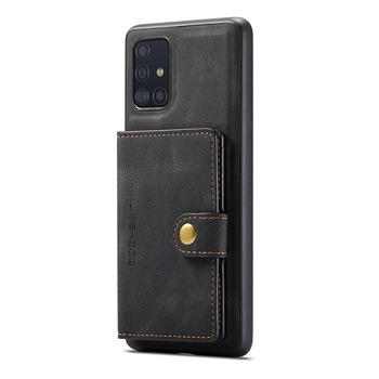 Husa pentru Samsung Galaxy A71, CaseMe, piele cu textura moale, back cover, mini portofel detasabil, stand, suport carduri, bani, Negru
