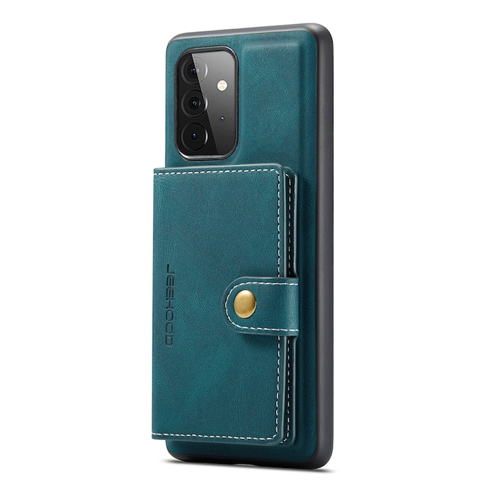 Husa pentru Samsung Galaxy A72, CaseMe, piele cu textura moale, back cover, mini portofel detasabil, stand, suport carduri, bani, Albastru