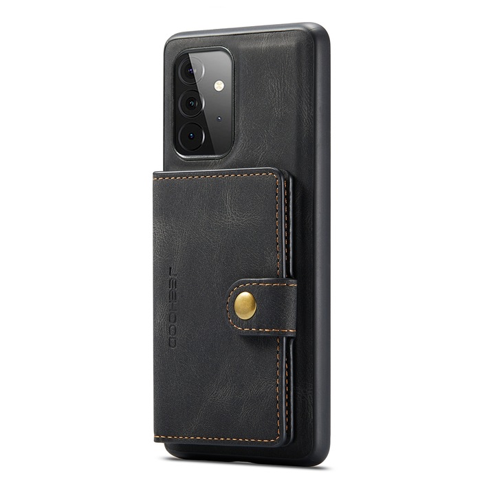 Husa pentru Samsung Galaxy A72, CaseMe, piele cu textura moale, back cover, mini portofel detasabil, stand, suport carduri, bani, Negru