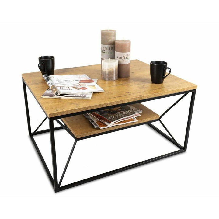 Холна маса, Loft, Basicloft, Минималистичен стил, Здрава рамка, Ламиниран МДФ, 80x60x40 см, Черен/Дъб