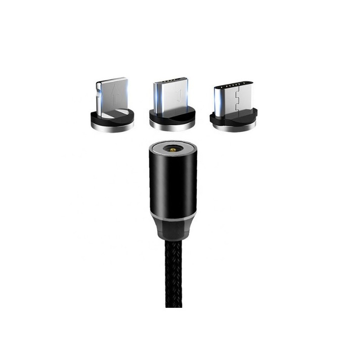 Cablu de incarcare magnetic 3 in1, USB-C, Micro-USB, Lighting, pentru Android si iPhone, Negru