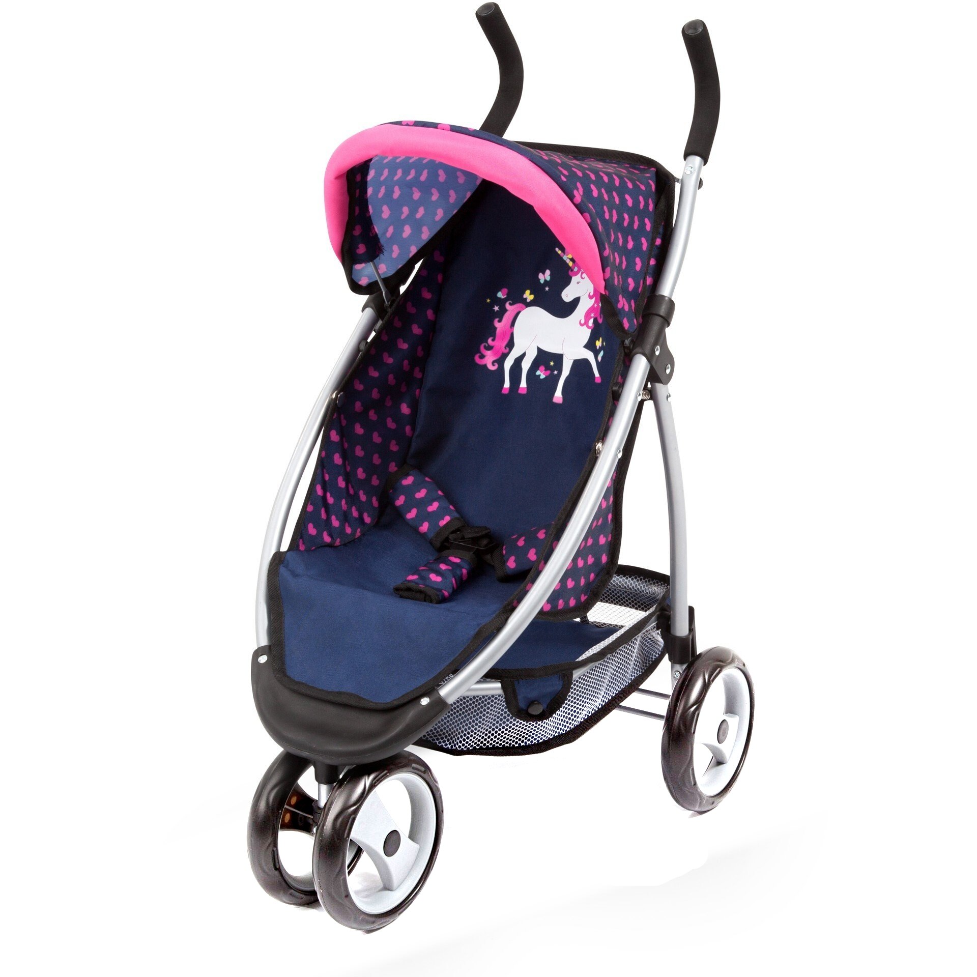 Carucior pentru papusi, Bayer - Dolls Jogger Sport 39954AA, albastru, inimioare roz