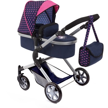 Carucior pentru papusi, Bayer Dolls Pram City Neo 18154AA, albastru, inimioare roz Carucior pentru papusi, Bayer Dolls Pram City Neo 18154AA, albastru, inimioare roz