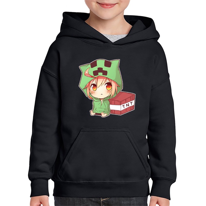 Hanorac copii Minecraft Anime Creeper, negru, marime 5-6 ani