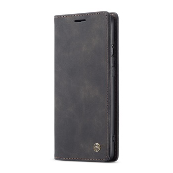 Husa pentru OnePlus 8T, CaseMe, slim, piele, tip portofel, stand, inchidere magnetica, suport carduri, textura catifelata, Negru