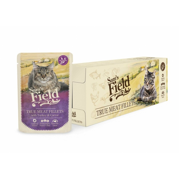 Sam´s Field Cat Pouch With Turkey Filets & Carrot nedves macskaeledel, 24x85g