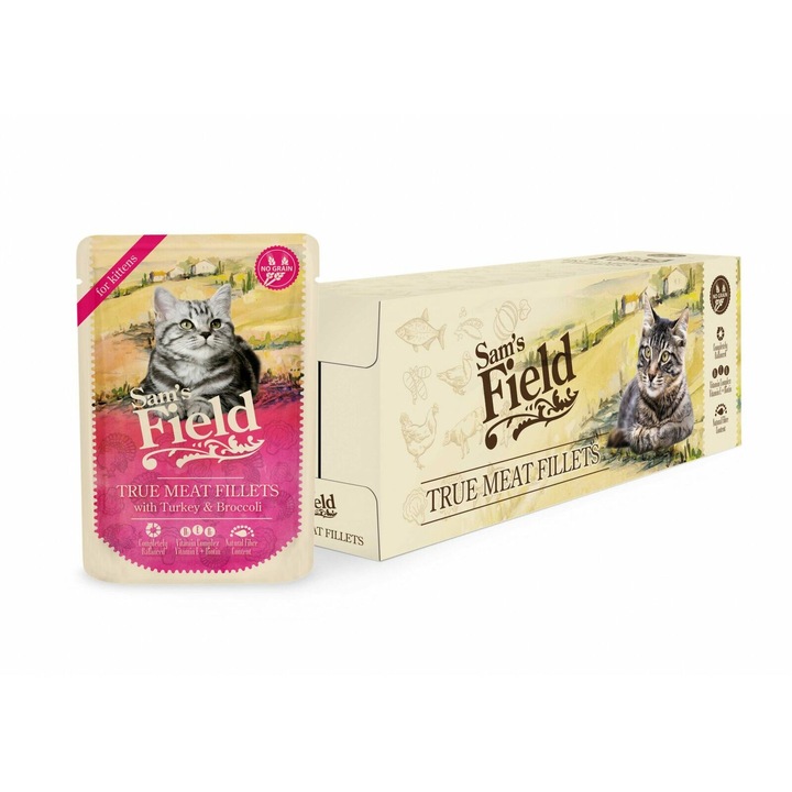 Sam´s Field Cat Pouch For kittens With Turkey & Broccoli nedves macskaeledel, 24x85g