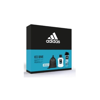 Set pentru barbati Adidas, Ice Dive, Apa de toaleta 100 ml, Gel de dus 250 ml, Saculet de antrenament, Negru Set pentru barbati Adidas, Ice Dive, Apa de toaleta 100 ml, Gel de dus 250 ml, Saculet de antrenament, Negru