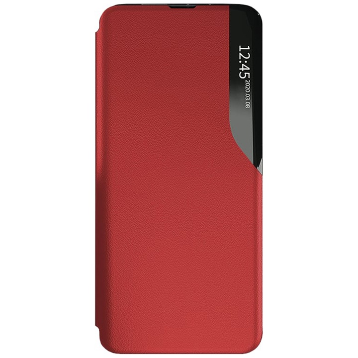 Интелигентен флип калъф, съвместим със Samsung Galaxy A12, първокласна еко кожа, стилен огледален дисплей, магнитна стойка, червен