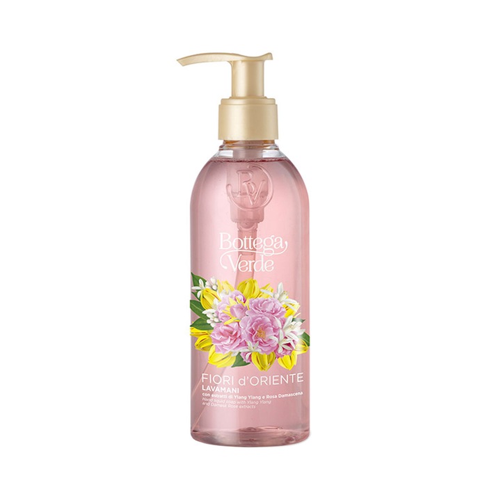 Деликатен течен сапун, Bottega Verde, с екстракт от роза и иланг-иланг - Fiori d'Oriente, нежно почистване и хидратация за ръце, елегантен флорален парфюм от роза и иланг-иланг, идеален за нормална кожа, 250 ml
