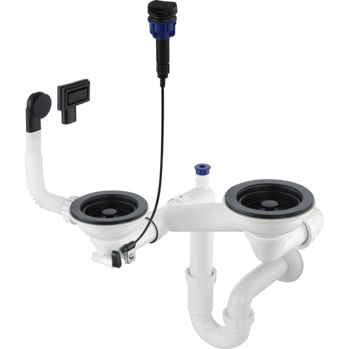 Sifon scurgere chiuveta bucatarie Deante ZXY N973 Nero. cu 1,5 sau 2 cuve, culoare negru cu pop up