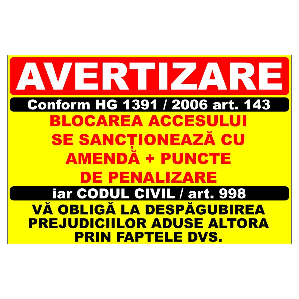 Placuta parcare, avertizare, blocarea accesului se sanctioneaza cu amenda si puncte de penalizare, Sigtra, 200x300 mm, PVC, 1 mm