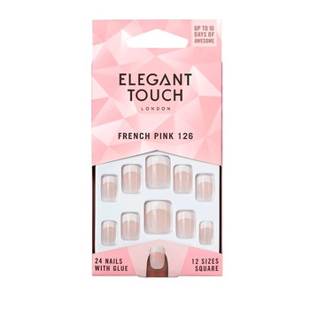 Set de 24 unghii false scurte, Elegant Touch, Adeziv inclus, French Set de 24 unghii false scurte, Elegant Touch, Adeziv inclus, French